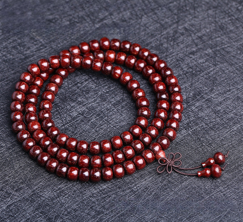 Buddha Life 108 Buddha Mala Beads Bracelet with Small Leaf Red Sandalwood and The Cow Hair Pattern Is Full of Gold Stars