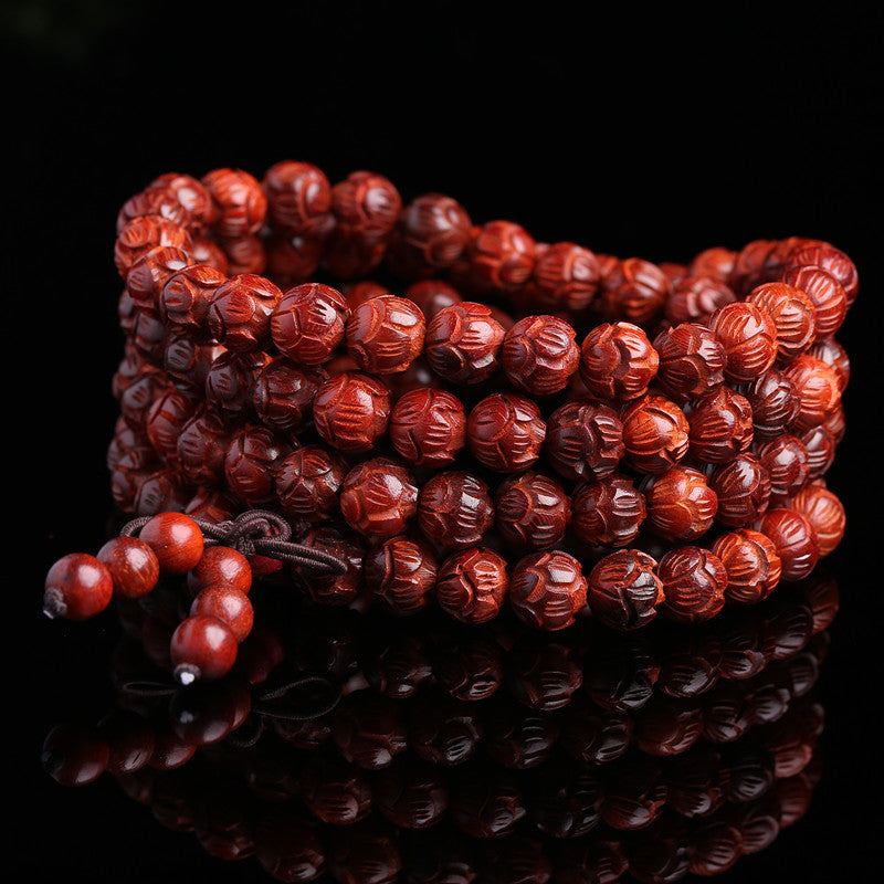 Buddha Life Small Leaf Red Sandalwood 108 Buddha Mala Beads Bracelet