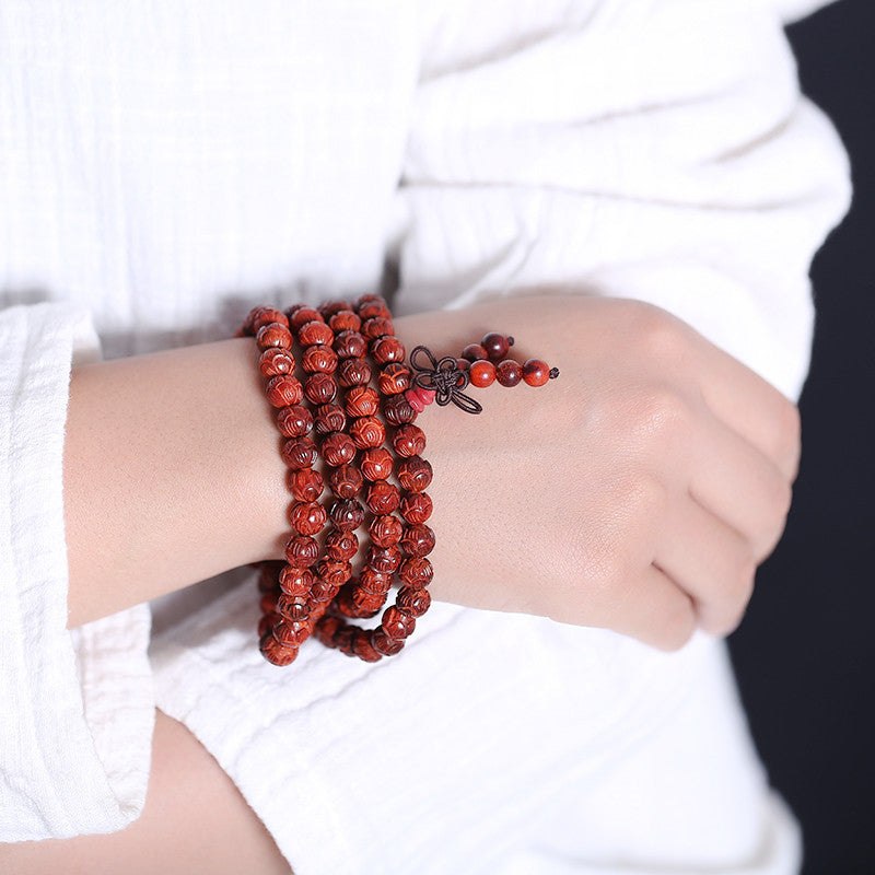 Buddha Life Small Leaf Red Sandalwood 108 Buddha Mala Beads Bracelet