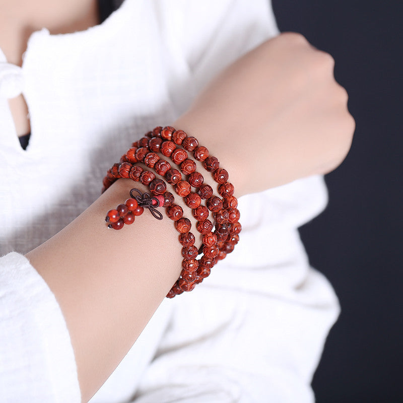 Buddha Life Small Leaf Red Sandalwood 108 Buddha Mala Beads Bracelet