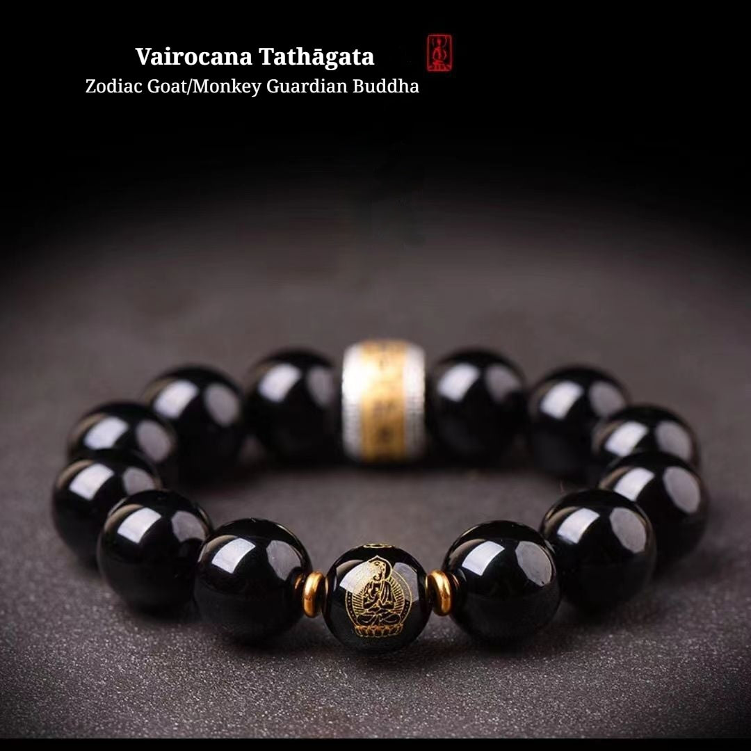 The Twelve Zodiac Signs Natal Buddha Guardian Buddha Ebony Black Obsidian Bracelet