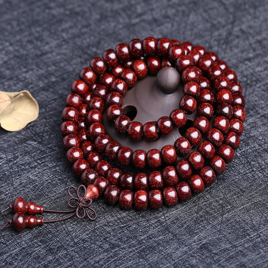 Buddha Life 108 Buddha Mala Beads Bracelet with Small Leaf Red Sandalwood and The Cow Hair Pattern Is Full of Gold Stars
