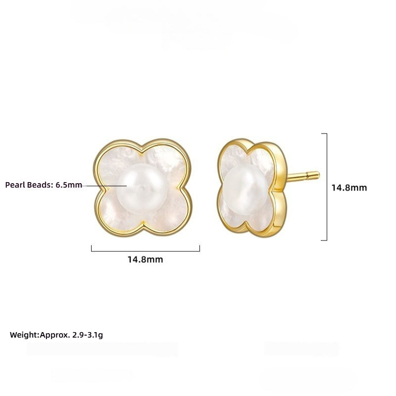 S925 Sterling Silver French Lucky Grass Mother Pearl Earrings Ear Jewelry