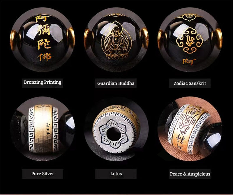 The Twelve Zodiac Signs Natal Buddha Guardian Buddha Ebony Black Obsidian Bracelet