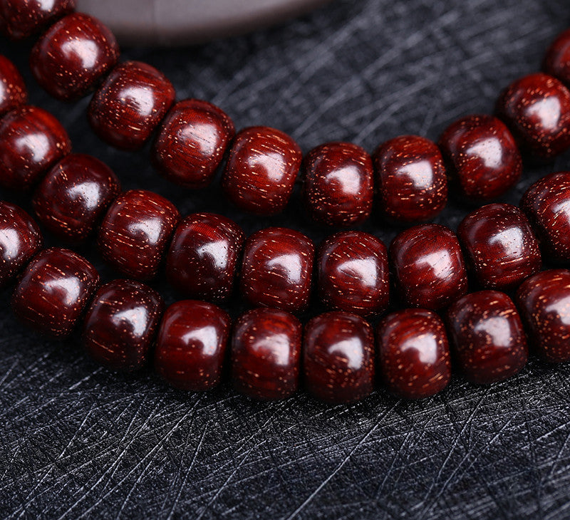 Buddha Life 108 Buddha Mala Beads Bracelet with Small Leaf Red Sandalwood and The Cow Hair Pattern Is Full of Gold Stars