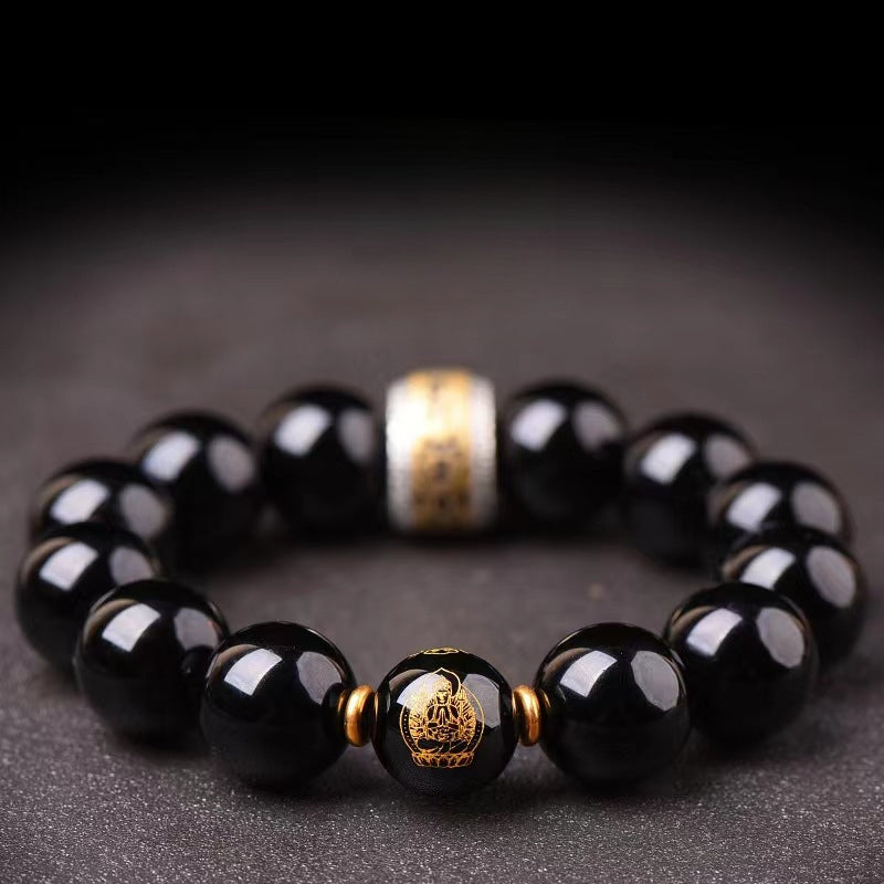 The Twelve Zodiac Signs Natal Buddha Guardian Buddha Ebony Black Obsidian Bracelet