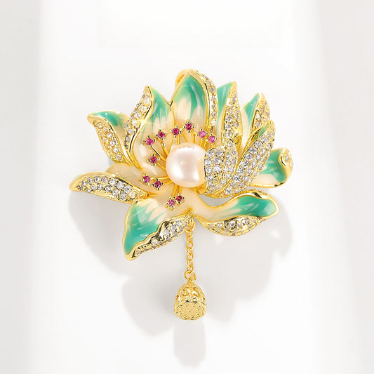 Chinese Style Natural Freshwater Pearl Lotus Brooch