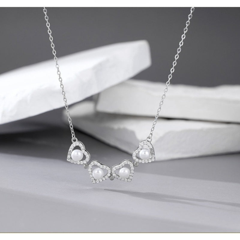 925 Sterling Silver Micro-inlaid Zircon Two Wearing Four-leaf Love Pearl Necklace Women's Niche Design Collarbone Chain