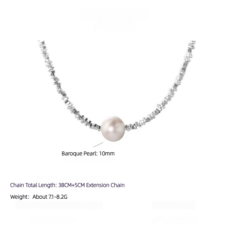 New S925 Sterling Silver Baroque Pearl Shredded Silver Necklace