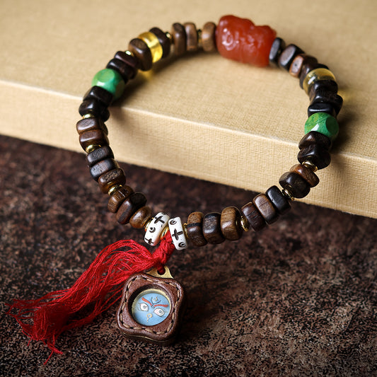 Buddha Life Daragan Agarwood Bracelet Cowhide Sewn Painted Five-way God of Wealth Thangka Pendant Female