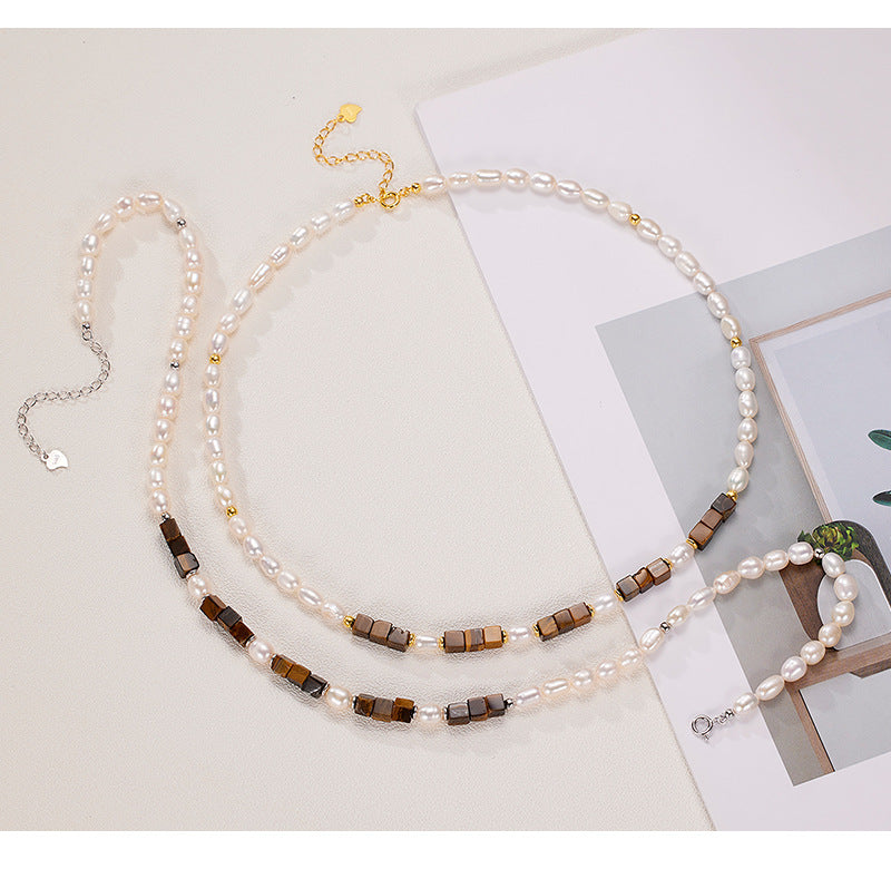 Maillard Style 925 Sterling Silver Tiger’s Eye & Pearl Necklace