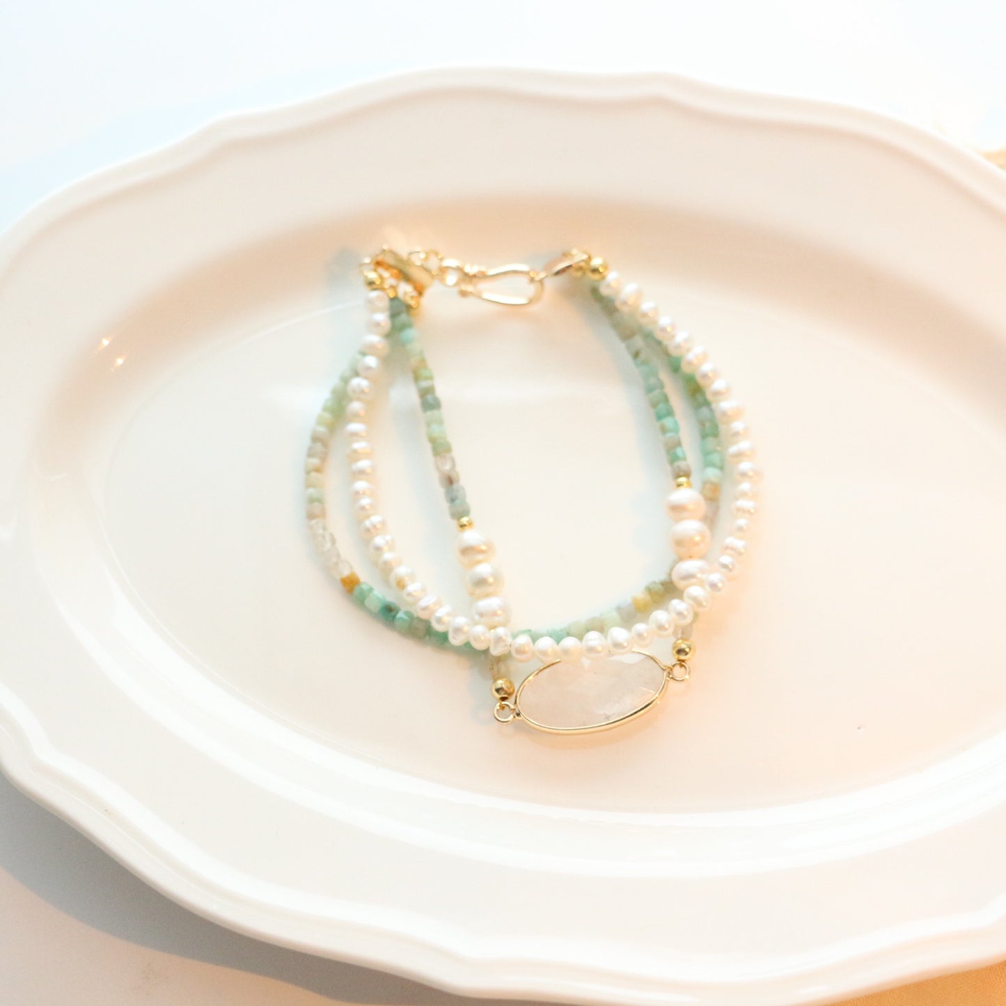 Buddha Life Natural Hetian Stone with Baroque Pearls, Necklace Bracelet, Copper-plated 18k Gold
