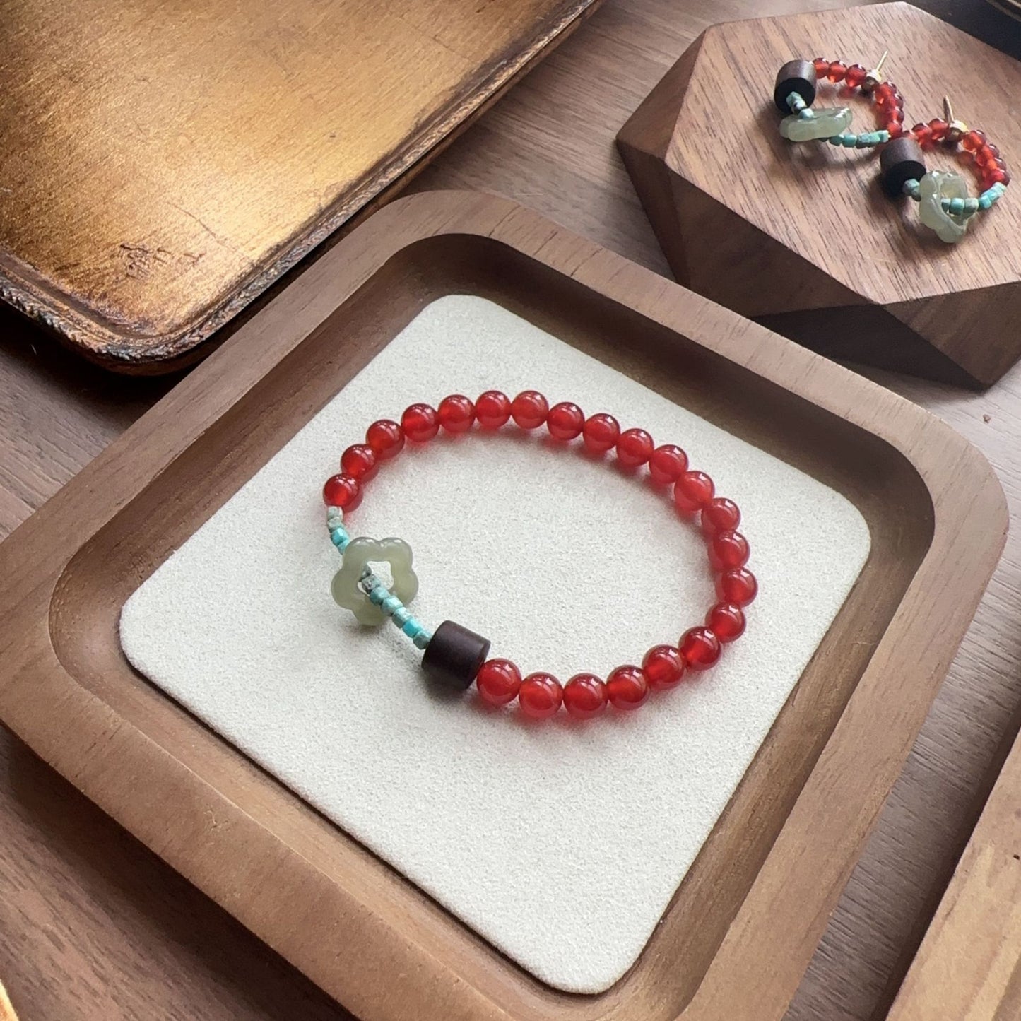 7A Grade Agate With Rosewood Top Bead Necklace Bracelet Stud Earrings Collection