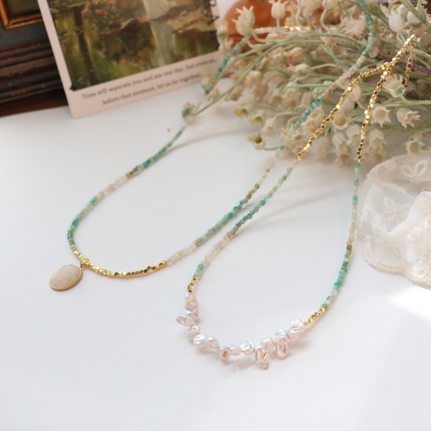 Buddha Life Natural Hetian Stone with Baroque Pearls, Necklace Bracelet, Copper-plated 18k Gold