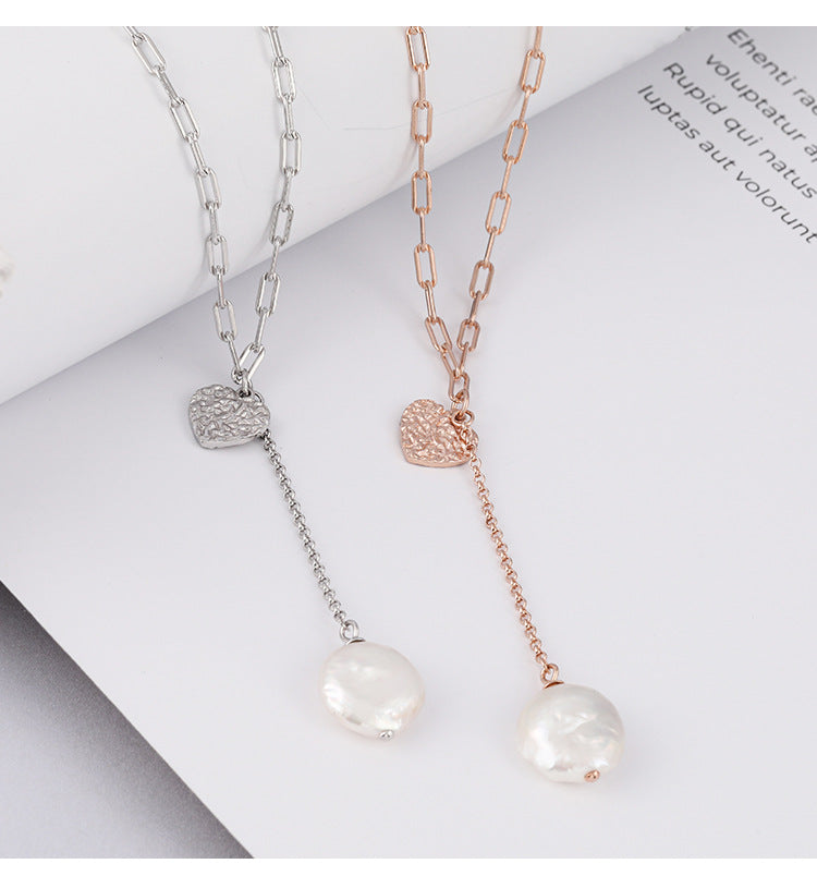 Gold Foil Love Necklace Women's 925 Silver Button Baroque Pearl Collarbone Chain