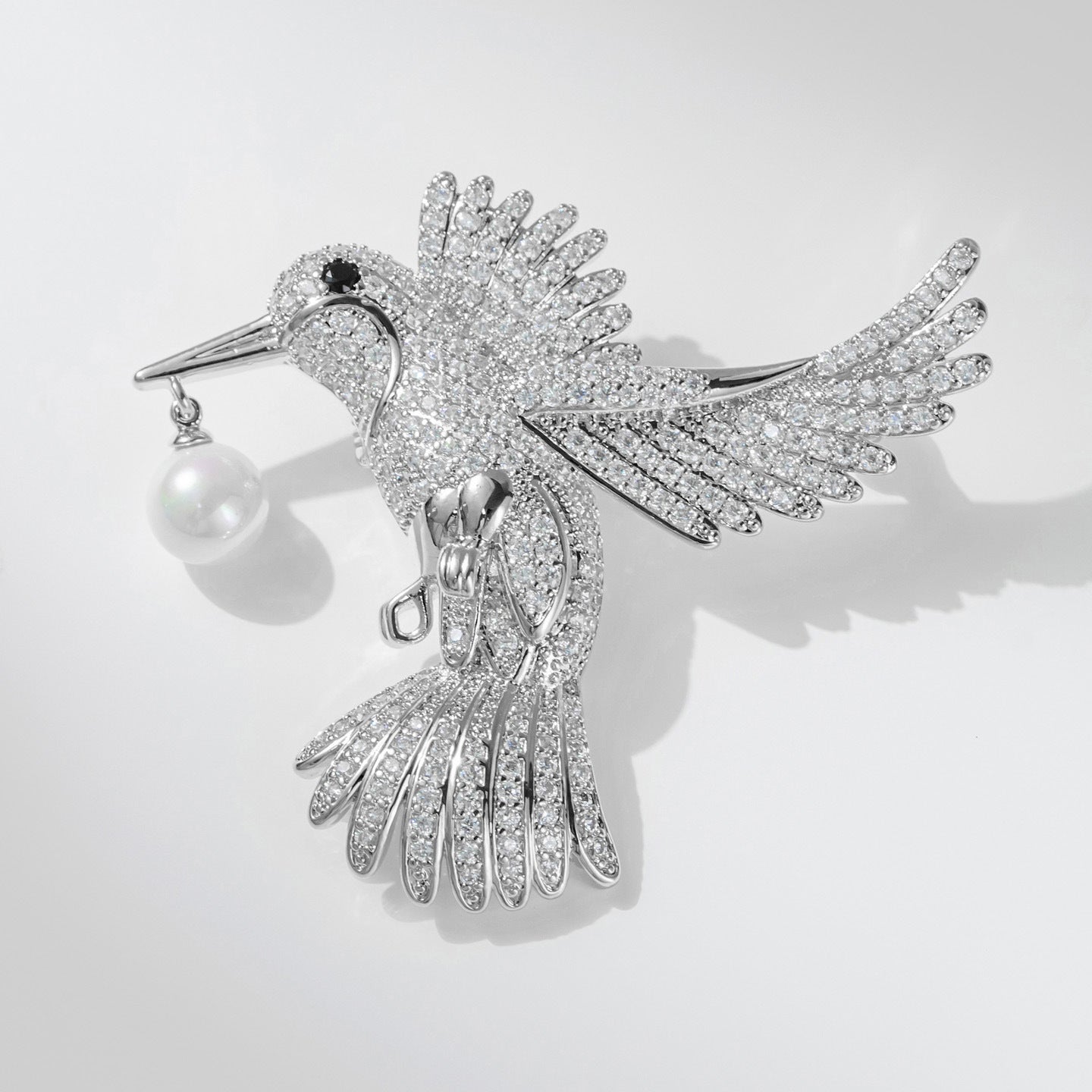 Silver White Pearl Hummingbird Brooch with Diamonds