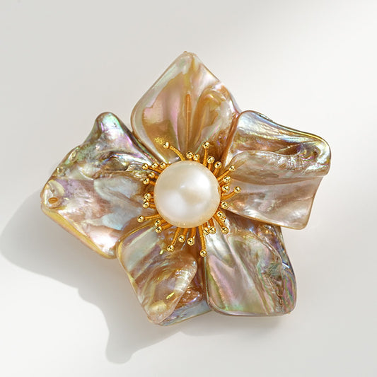 Buddha Life Shaped Baroque Shell Natural Freshwater Pearl Five Leaf Flower Brooch