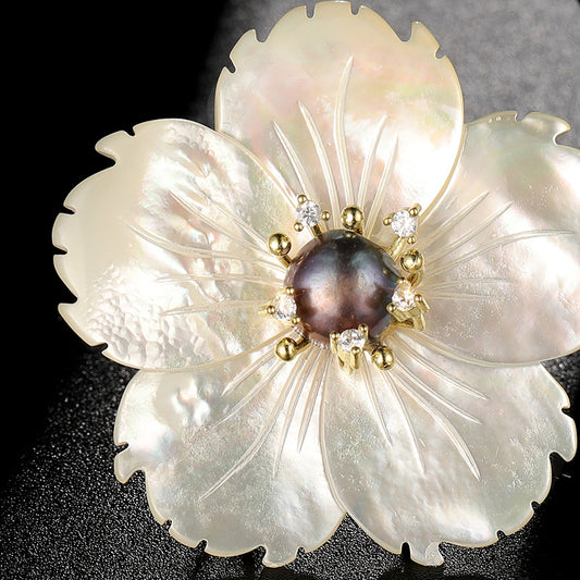 Natural Sea Shell Freshwater Pearl Peach Blossom Flower Brooch