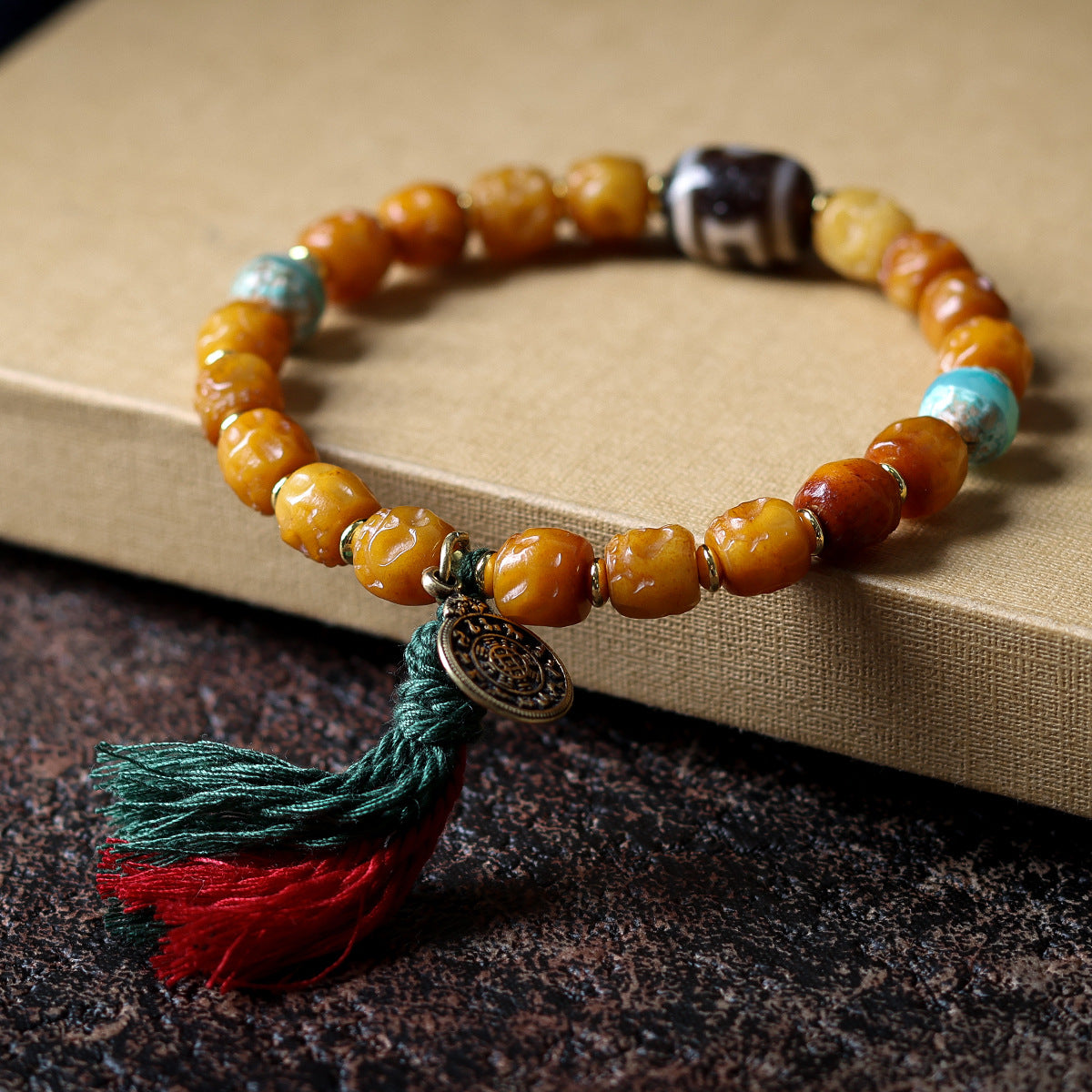 Buddha Life Tibetan Ornament Yak Bone Bracelet Two-eye Dzi Bead Bracelet.