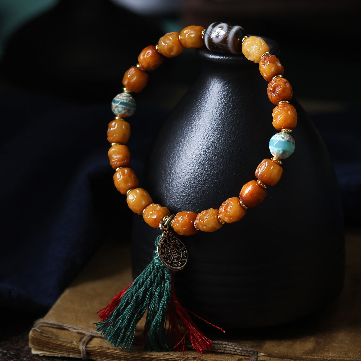 Buddha Life Tibetan Ornament Yak Bone Bracelet Two-eye Dzi Bead Bracelet.