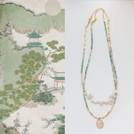 Buddha Life Natural Hetian Stone with Baroque Pearls, Necklace Bracelet, Copper-plated 18k Gold