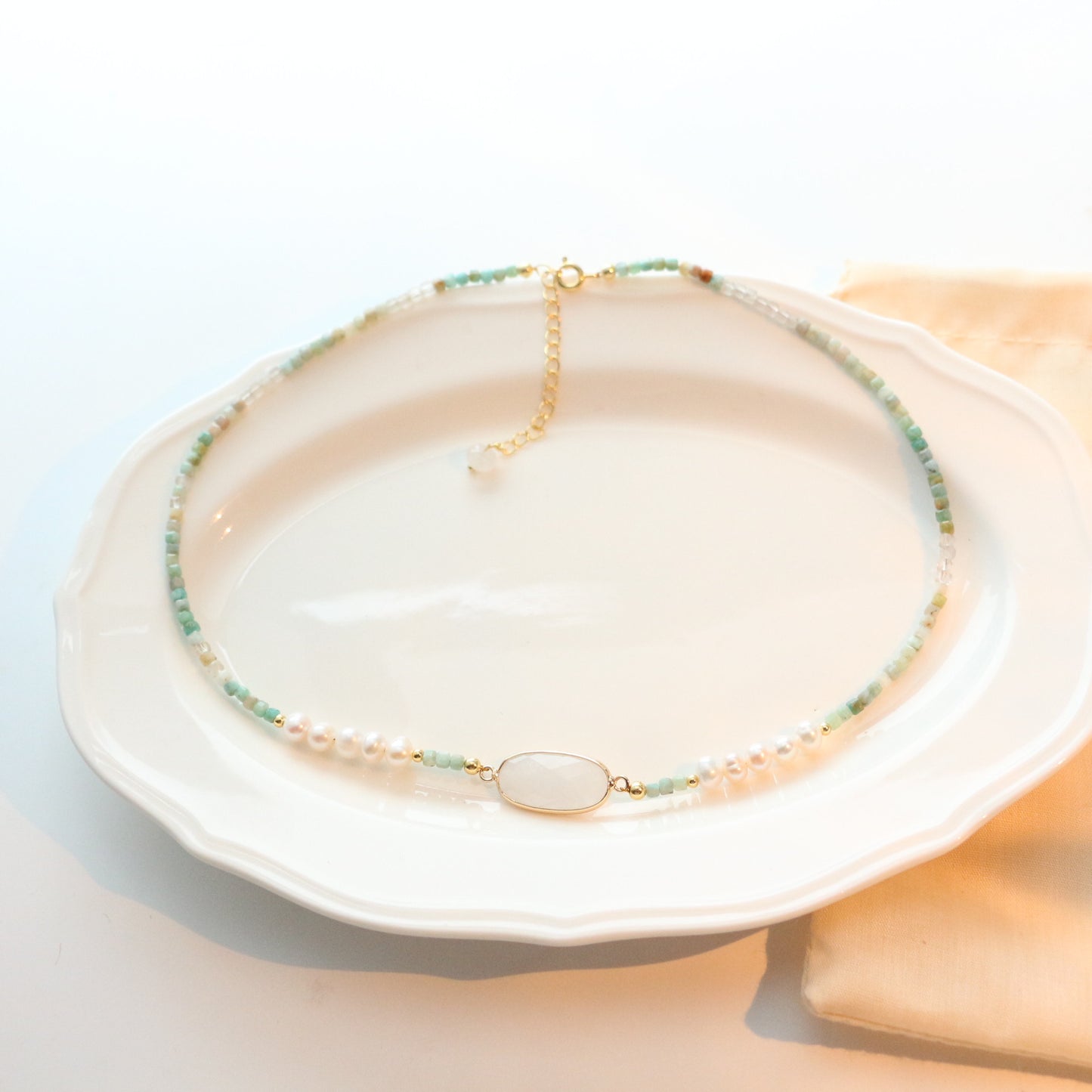 Buddha Life Natural Hetian Stone with Baroque Pearls, Necklace Bracelet, Copper-plated 18k Gold