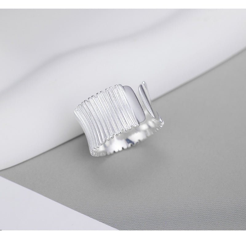 Niche Design 925 Sterling Silver Pleated Wide-sided Geometric Striped Opening Adjustable Ring