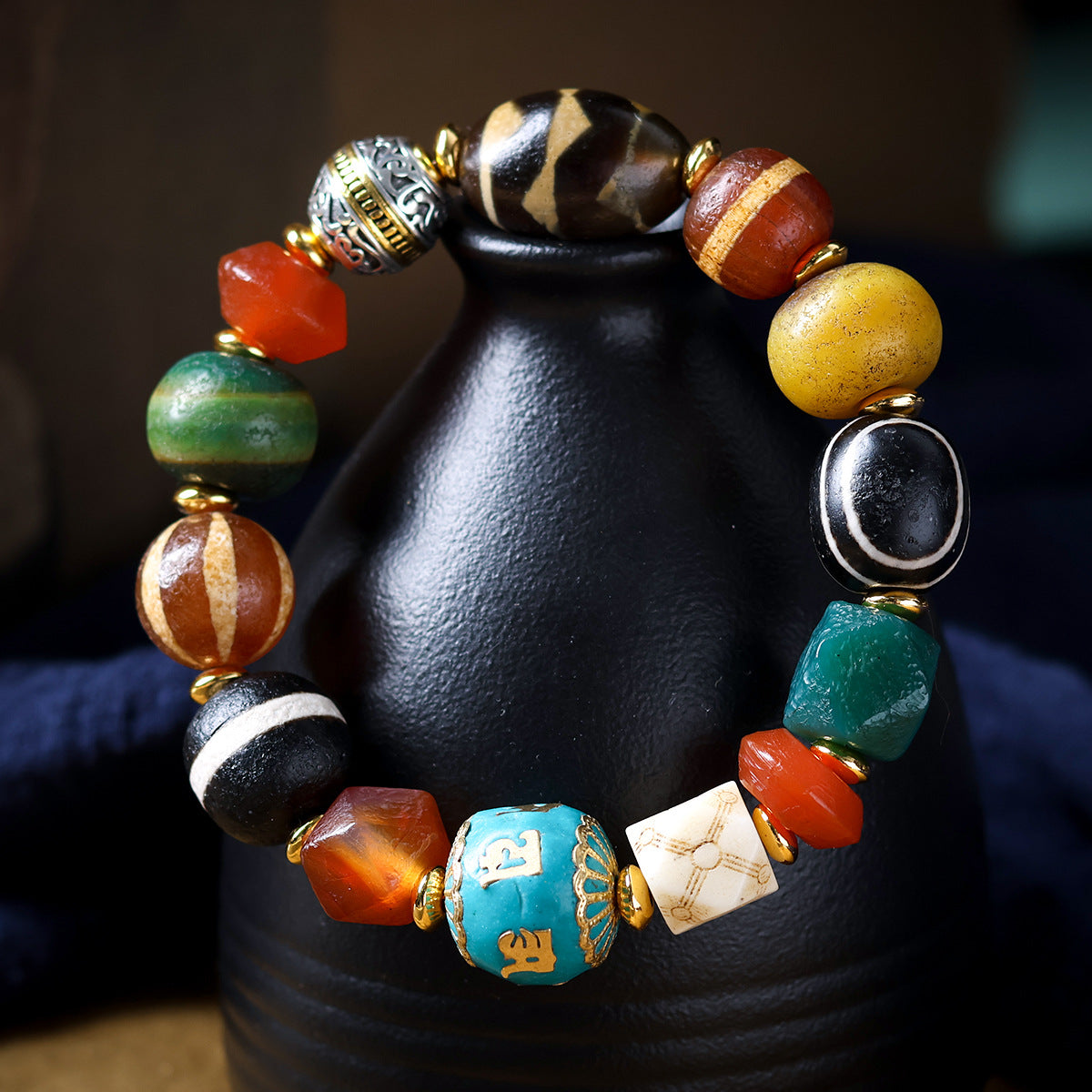 Buddha Life Tibetan Multi-treasure Bracelet, Dzi Bead Old Agate Melon Bead Six-character Motto Accessories Bracelet