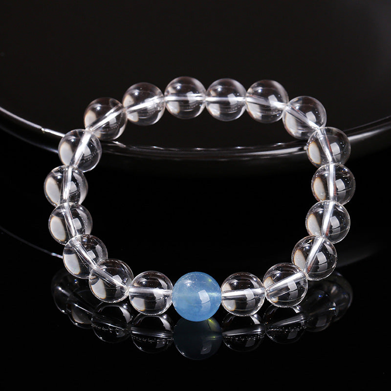 Buddha Life 7A Natural White Crystal, Aquamarine Top Bead Bracelet for Men and Women