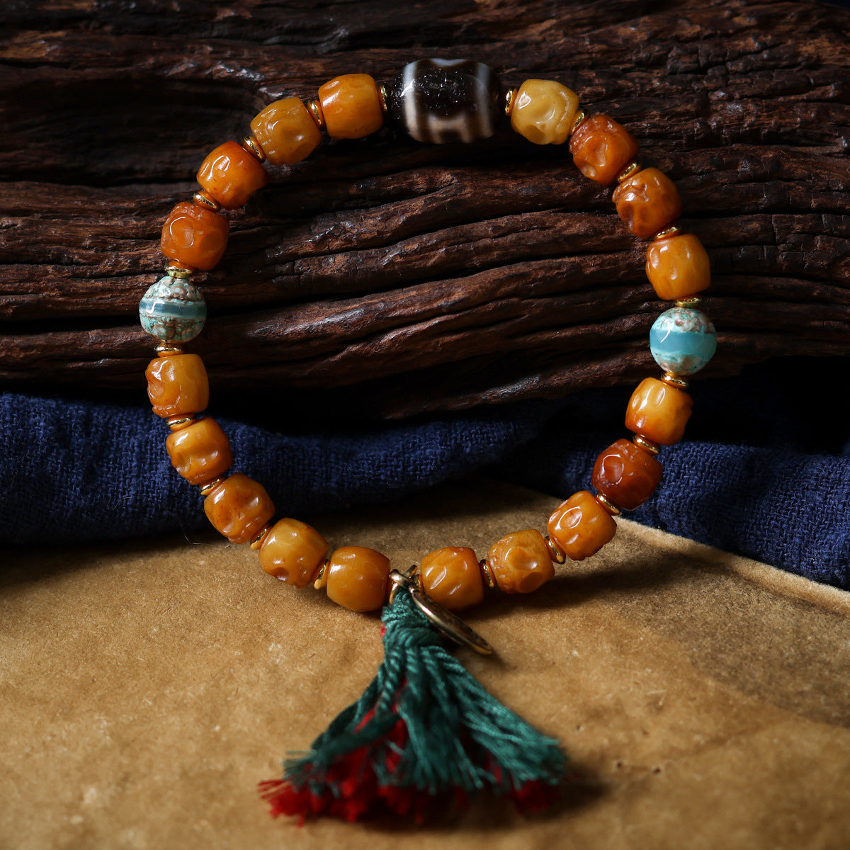 Buddha Life Tibetan Ornament Yak Bone Bracelet Two-eye Dzi Bead Bracelet.
