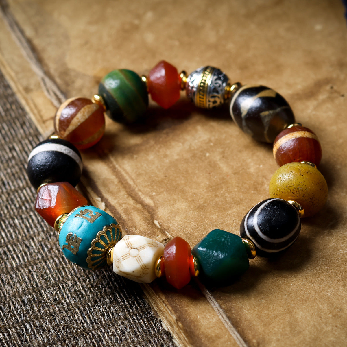 Buddha Life Tibetan Multi-treasure Bracelet, Dzi Bead Old Agate Melon Bead Six-character Motto Accessories Bracelet