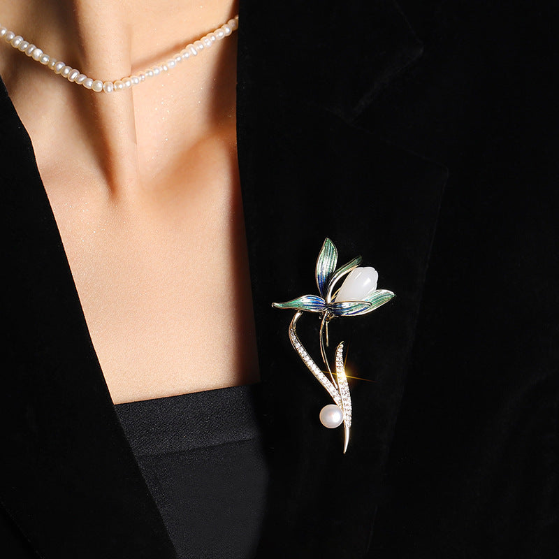 Magnolia Brooch Enamel Natural Stone Freshwater Pearl
