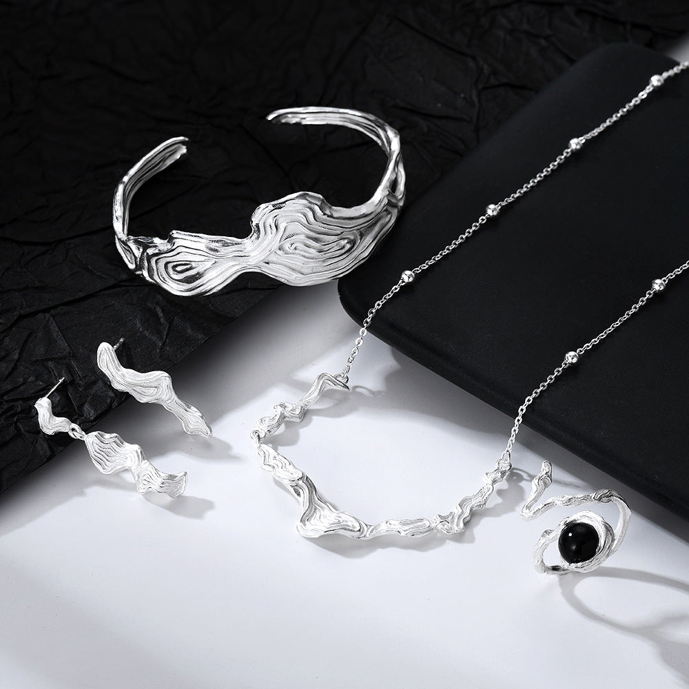 S925 Sterling Silver Black Onyx Open Ring – Adjustable Minimalist Wave Design Ring