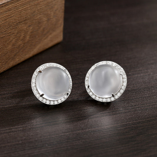 S925 Sterling Silver Stud Earrings High-end Natural Foam Jade Stud Earrings Clear Round Earrings Women's Gift