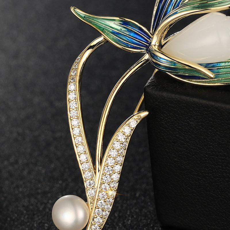 Magnolia Brooch Enamel Natural Stone Freshwater Pearl