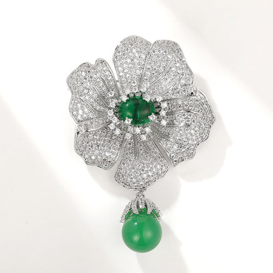 Chalcedony Natural Freshwater Pearl Camellia Brooch