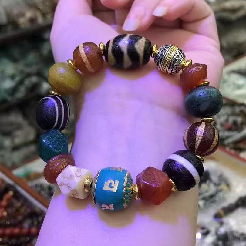 Buddha Life Tibetan Multi-treasure Bracelet, Dzi Bead Old Agate Melon Bead Six-character Motto Accessories Bracelet