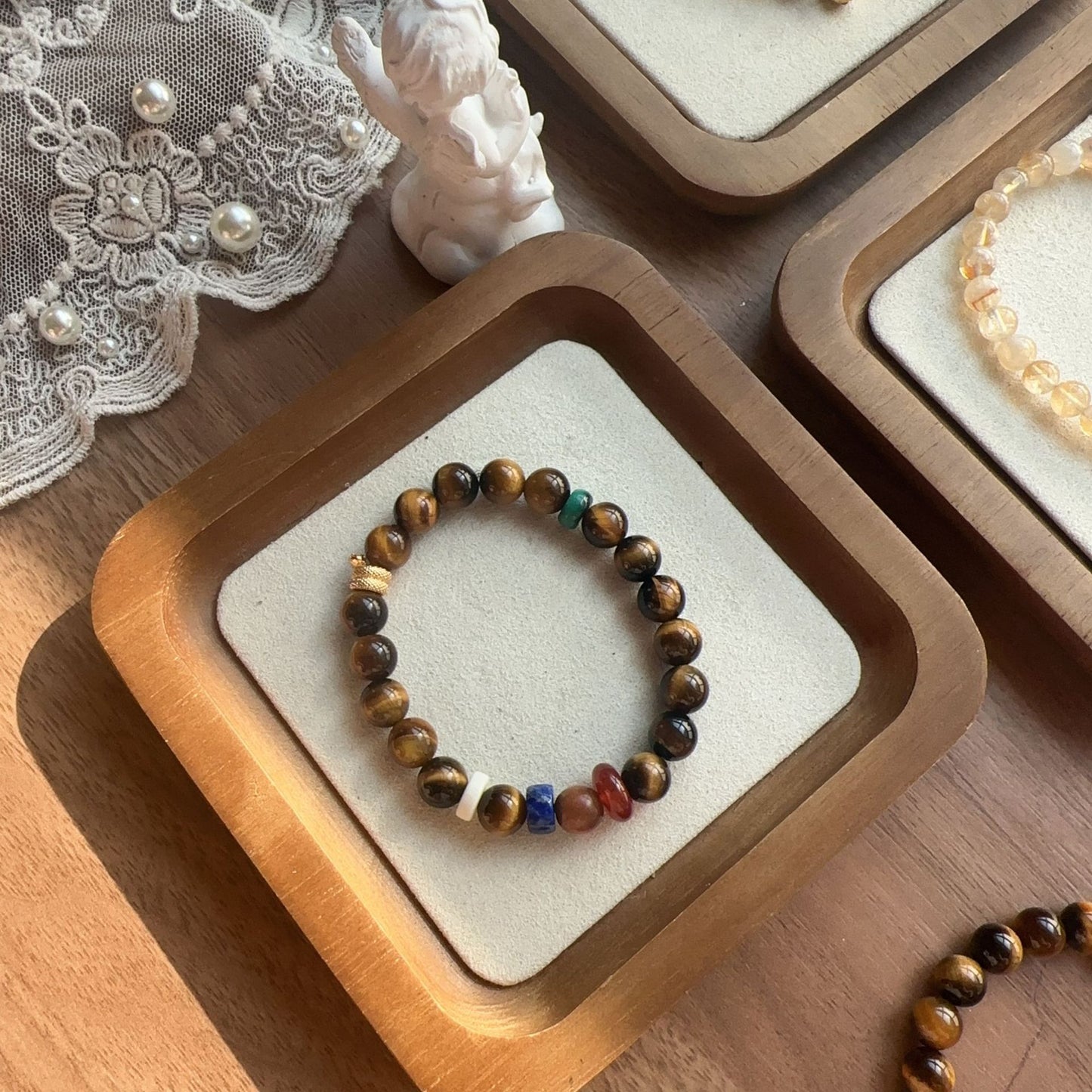 Buddha Life Tiger's Eye Stone Lapis Lazuli Malachite Camel Bone Bracelet