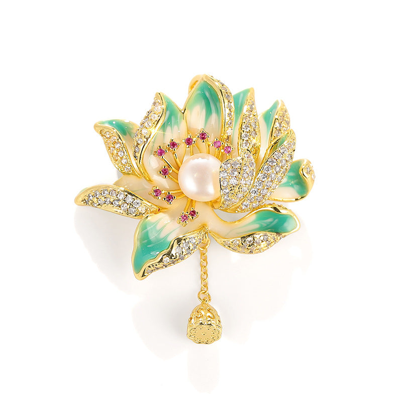 Chinese Style Natural Freshwater Pearl Lotus Brooch
