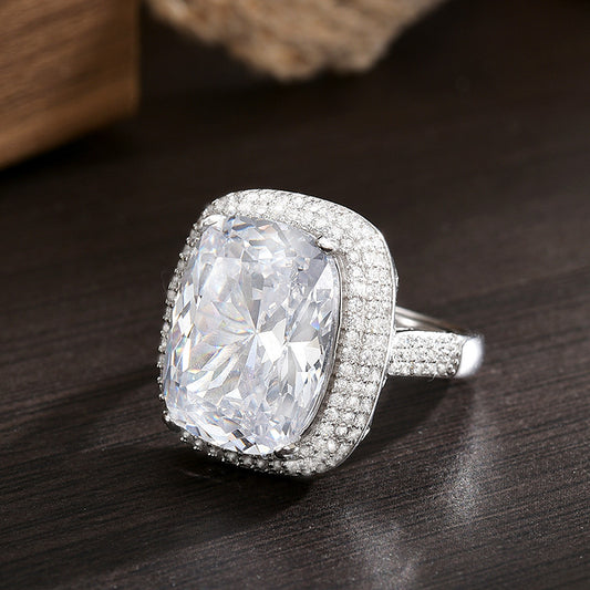 European Court Style Bright Shining Sugar Cube Ring 925 Sterling Silver Open Ring Luxury Diamond Ring Adjustable Ring