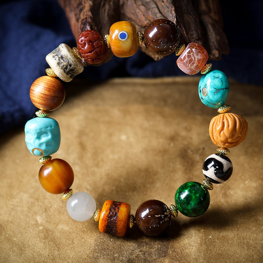 Buddha Life Tibetan Camel Bone Agate with Beads Duobao Bracelet for Men and Women Couples
