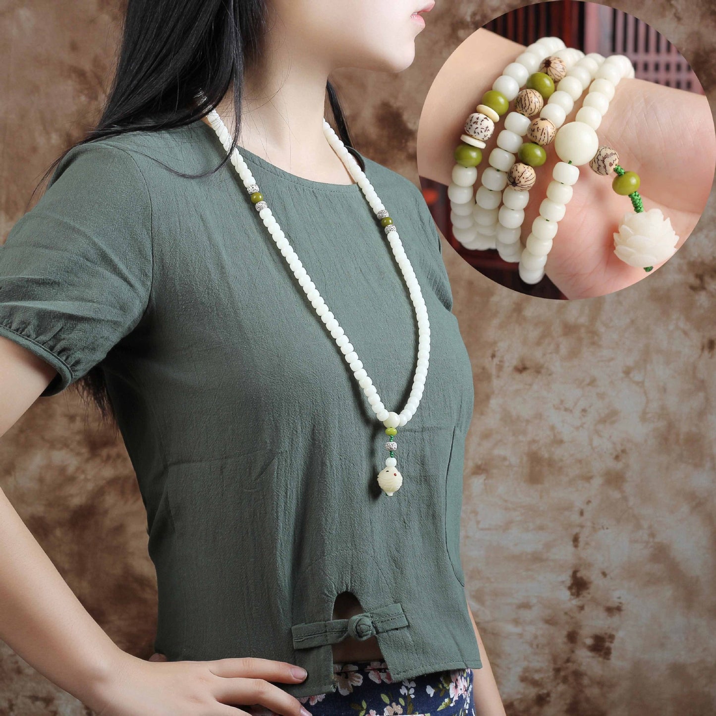 Buddha Life Natural White Jade Bodhi Seed Bracelet 108 Buddha Beads Bracelet