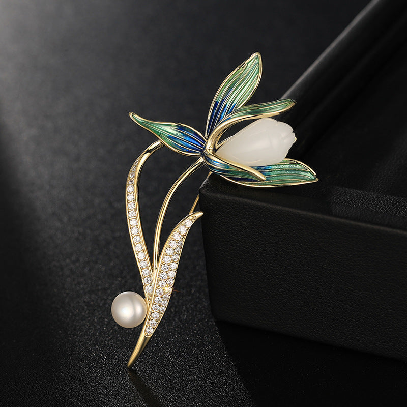 Magnolia Brooch Enamel Natural Stone Freshwater Pearl