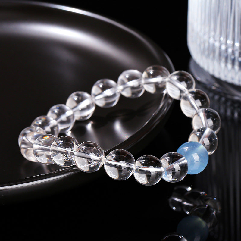 Buddha Life 7A Natural White Crystal, Aquamarine Top Bead Bracelet for Men and Women