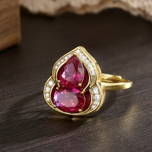 S925 Sterling Silver Luxury Gourd Corundum Ring Gold Diamond Inlaid Adjustable Opening Women's Ring Birthday Gift
