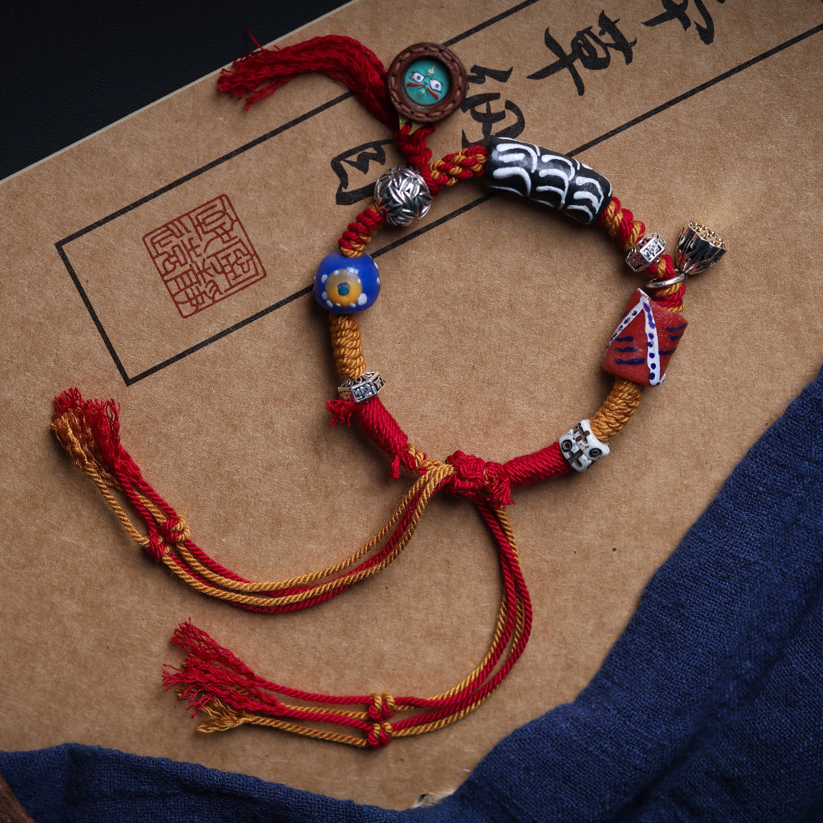 Buddha Life Daragan Agarwood Bracelet Cowhide Sewn Painted Five-way God of Wealth Thangka Pendant Female