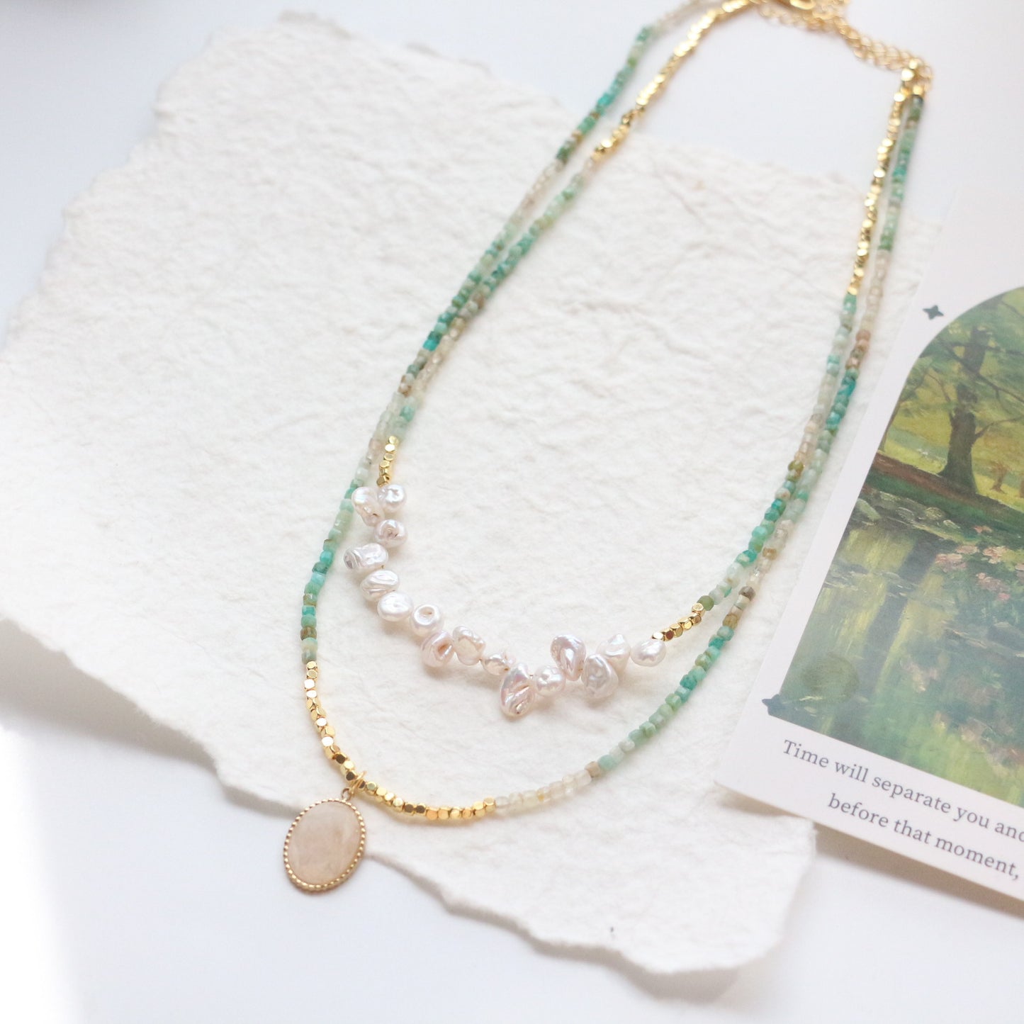Buddha Life Natural Hetian Stone with Baroque Pearls, Necklace Bracelet, Copper-plated 18k Gold