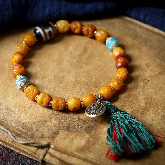 Buddha Life Tibetan Ornament Yak Bone Bracelet Two-eye Dzi Bead Bracelet.