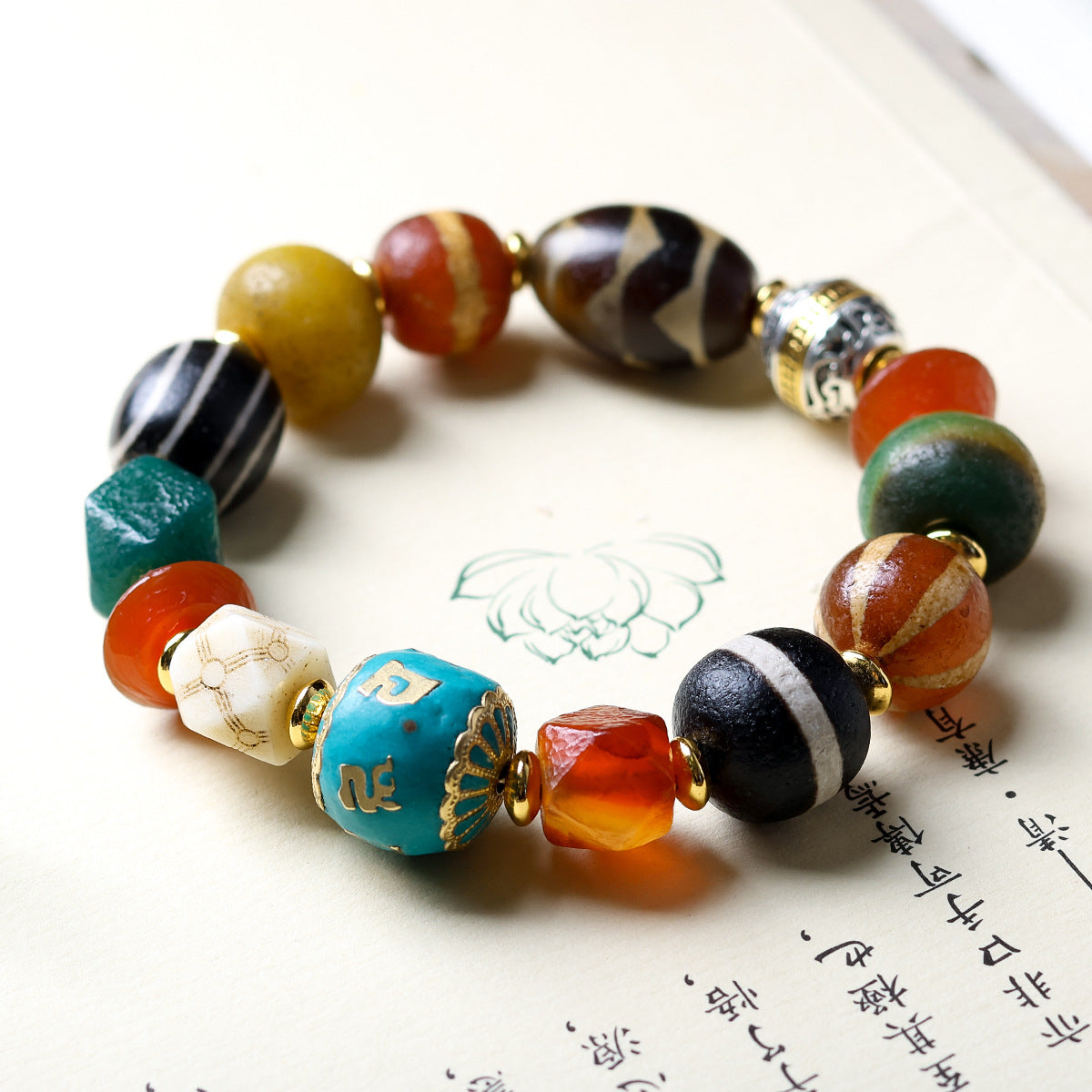 Buddha Life Tibetan Multi-treasure Bracelet, Dzi Bead Old Agate Melon Bead Six-character Motto Accessories Bracelet