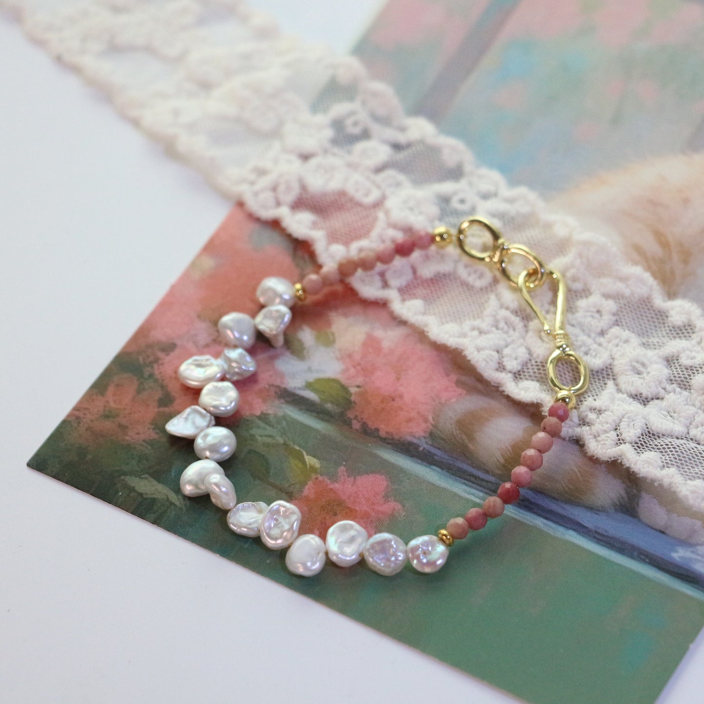 Buddha Life Water Lily Series Red Pink Pearl Necklace Bracelet Ring